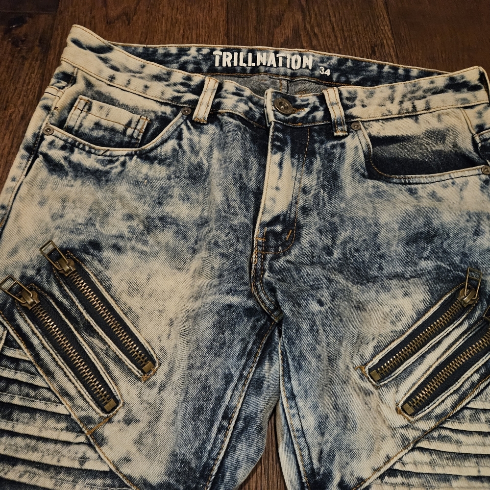 Trill Nation Skinny Jeans Ribbed Acid Wash Zipper Swag Men's Size 34W See Pics. - Picture 7 of 14